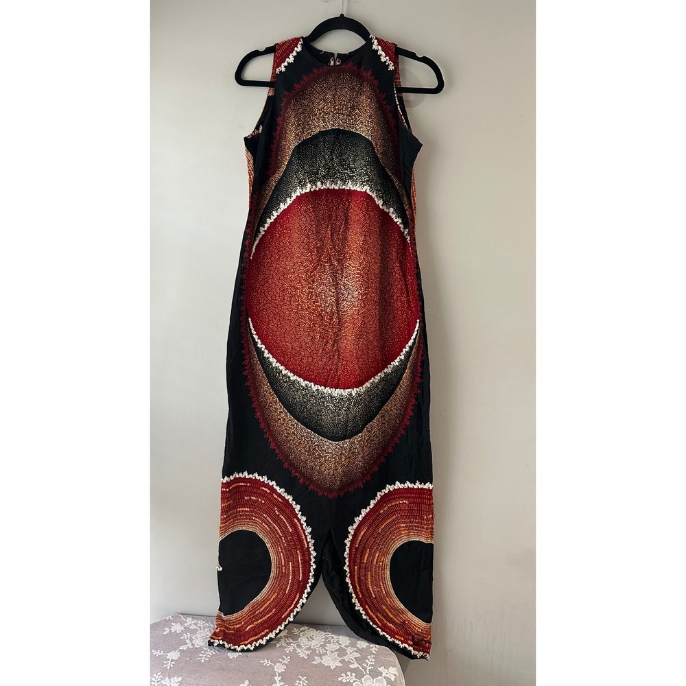 Beachcomber‎ Jamaica Maxi Dress Womens Vintage Red Black Sequin Batik Split Hem